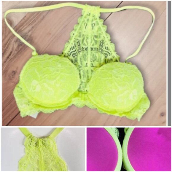 PINK by VICTORIA SECRET - "The Date" Lime Green Yellow Lace Bra 32B - Picture 16 of 16